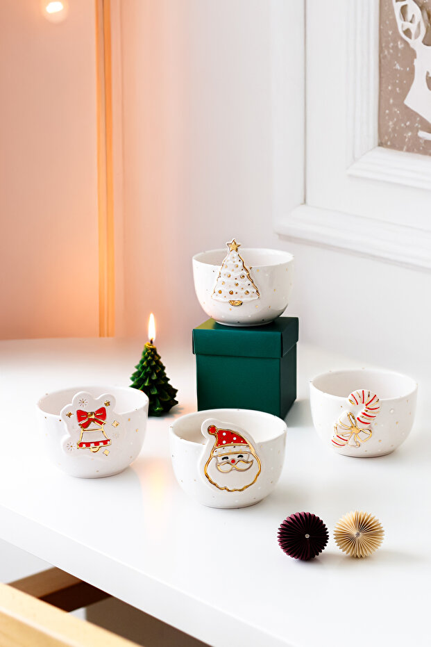 New Year Themed 4-Piece Ceramic Bowl Set / Handmade Ceramic Bowl Set