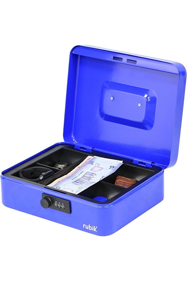 Large Cash Box with Tray and Combination Lock (25x20x9cm) Blue