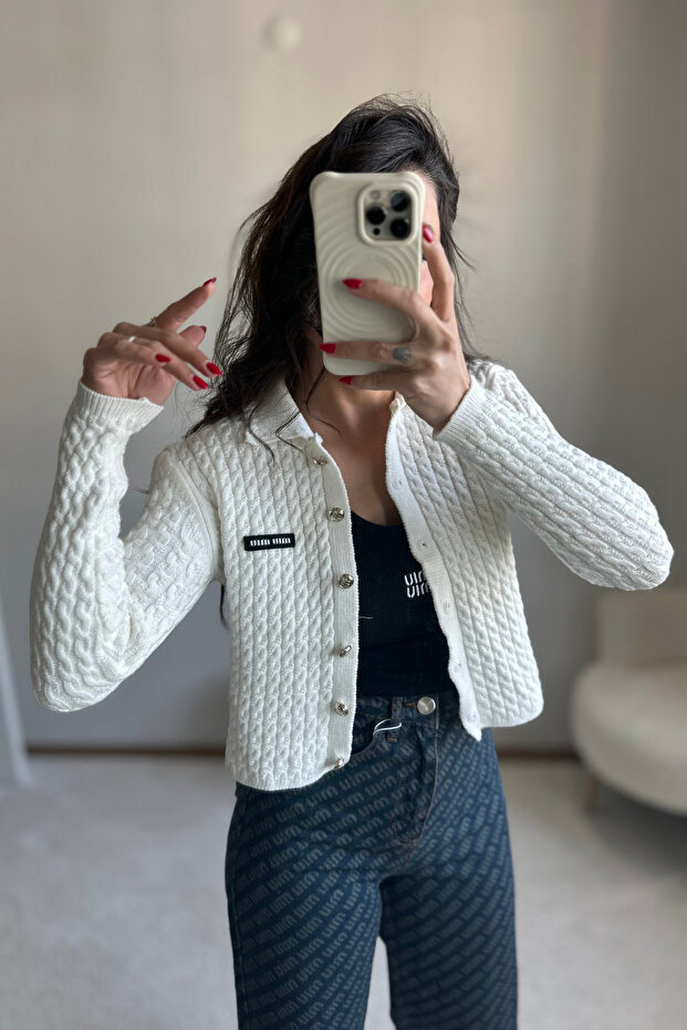 Mivuu Beyaz Örme Kalın Hırka - 5