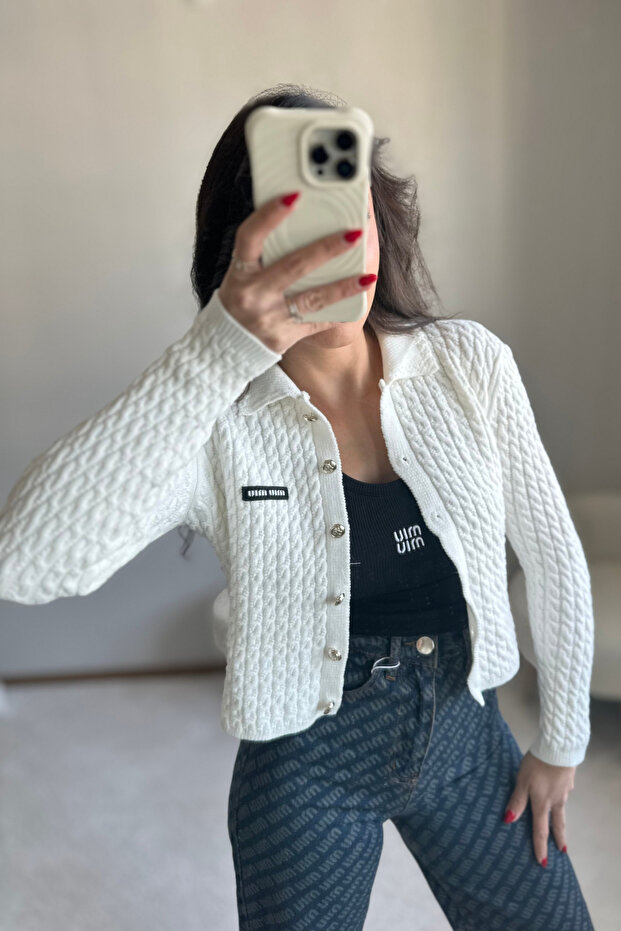 Mivuu Beyaz Örme Kalın Hırka - 7