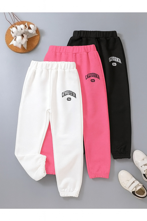 3-Piece California Sweatpants Jogger - White Pink Black Elastic Leg Opening High Waist