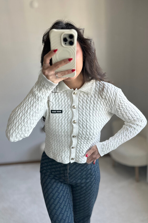 Mivuu Beyaz Örme Kalın Hırka - 8