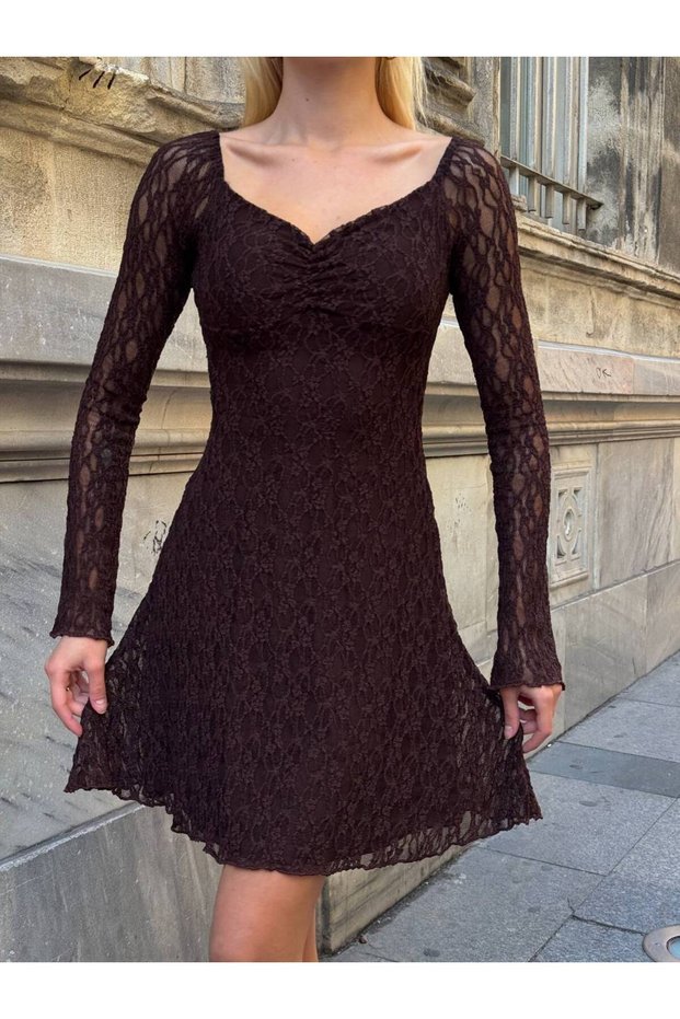 Women's Lace Long Spanish Sleeve Boat Neck Mini Party Dress