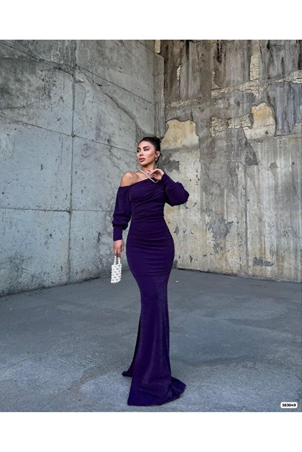 Off-Shoulder Maxi Length SIMLIKREP Fabric Evening Dress 583049 PURPLE