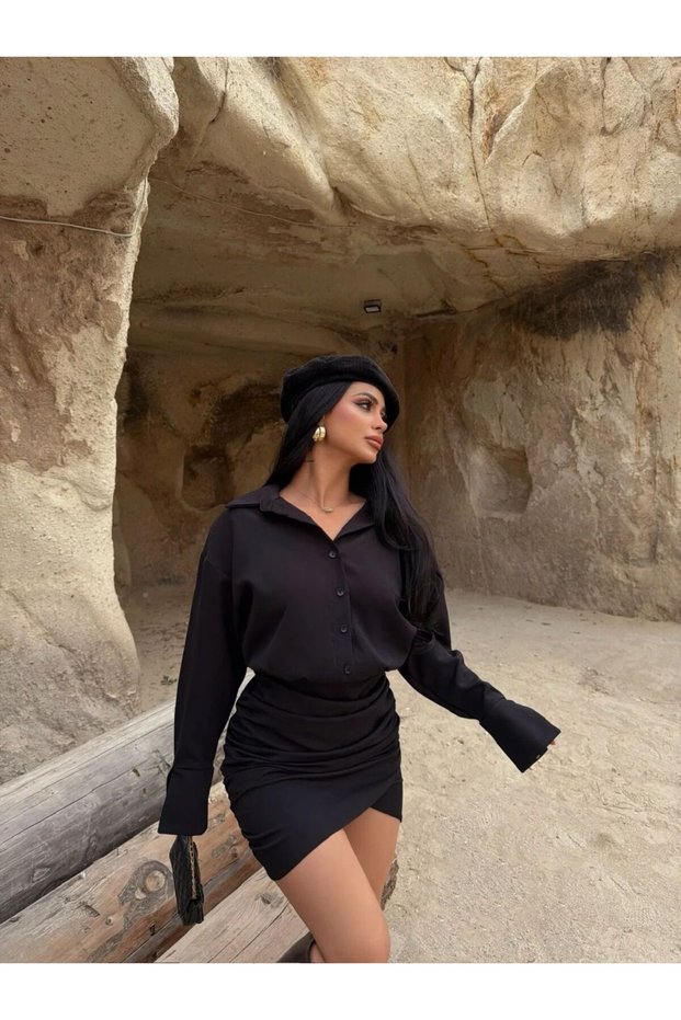 Shirt Collar Half Button Asymmetrical Hem Side Ruched Top Loose Skirt Tight Sleeve Cuffed Mini Shirt Dress