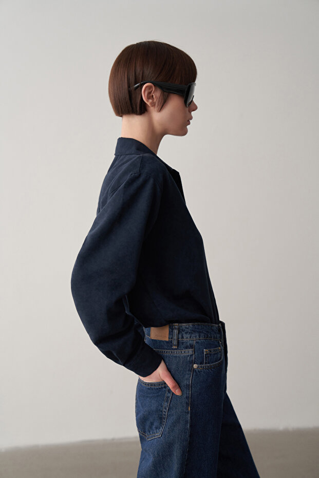 Lacivert Süet Oversize Gömlek - 7