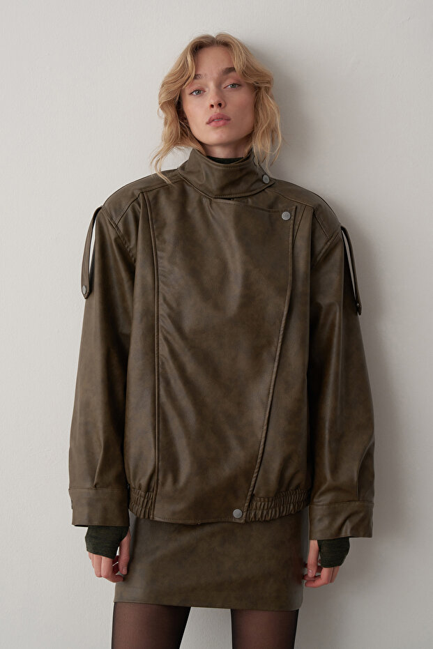 Haki Deri Bomber Ceket - 2