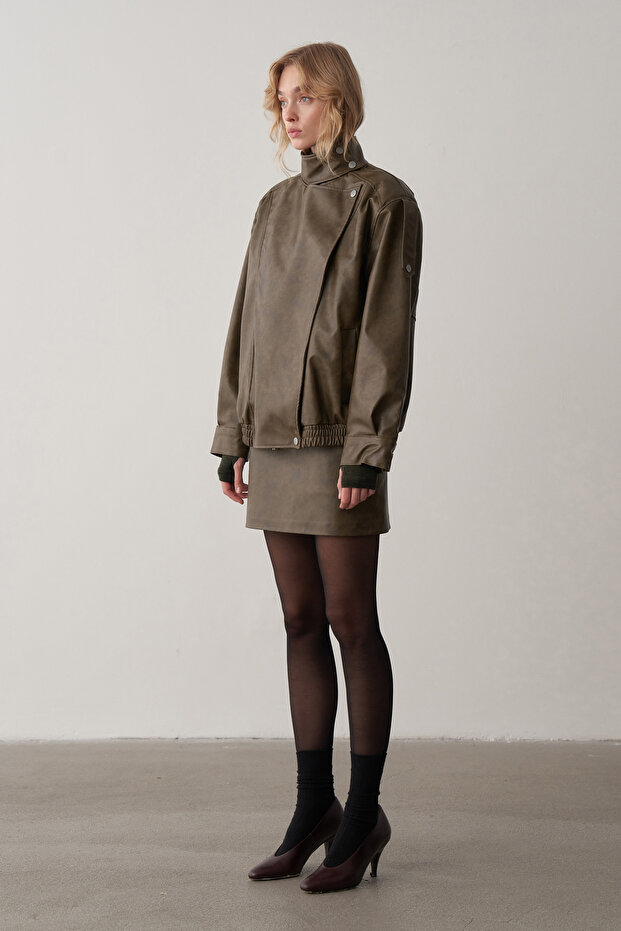 Haki Deri Bomber Ceket - 3