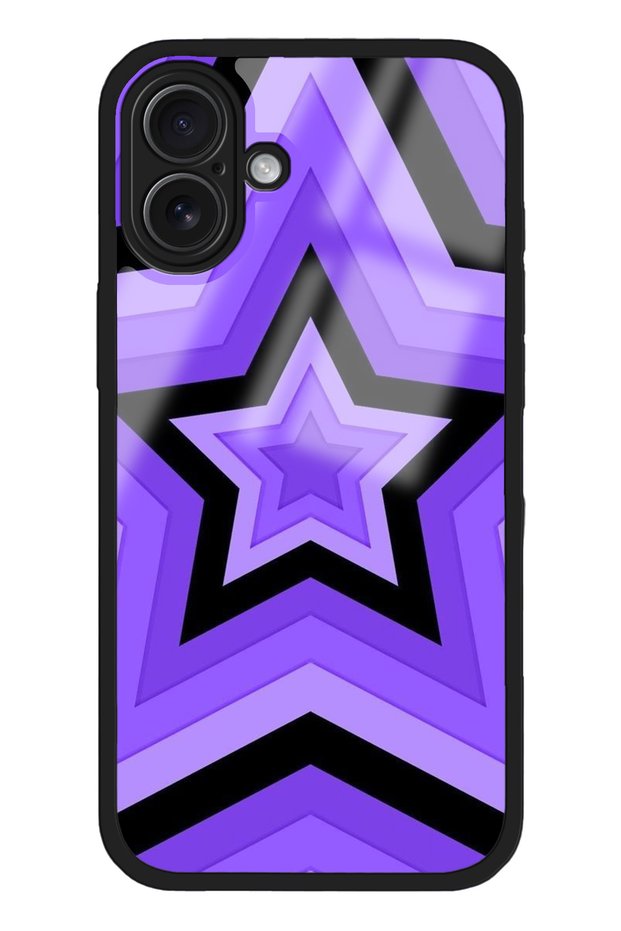Printed Glossy Phone Case for iPhone 16 with Camera Protection and Purple Stars Pattern