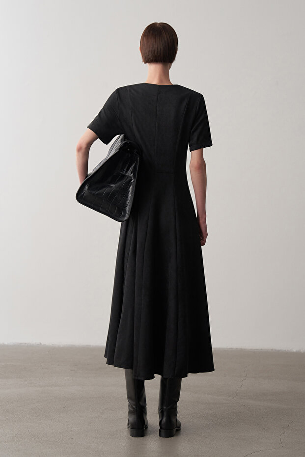 Siyah Maxi Süet Elbise - 4