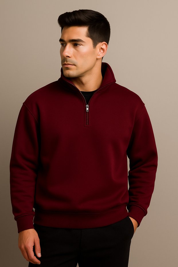 Men's Thick 3 Thread D Mock Neck Half Zipper Winter Sweatshirt with Fleece Inside