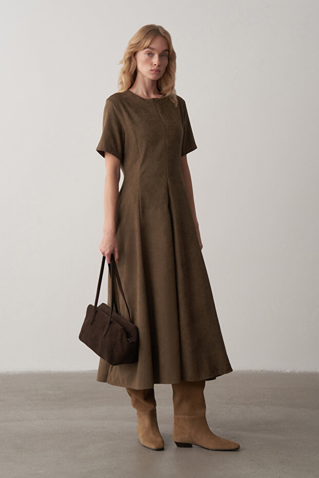 Haki Maxi Süet Elbise - 2