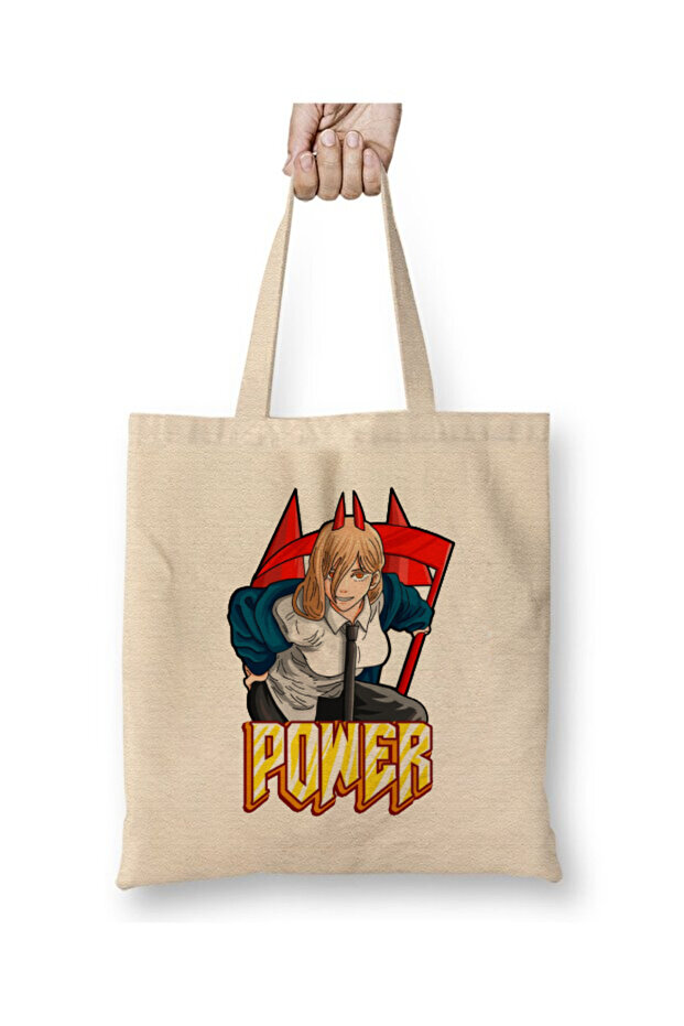 Chainsaw Man Power White Cloth Bag Long Handle Shopping Bag