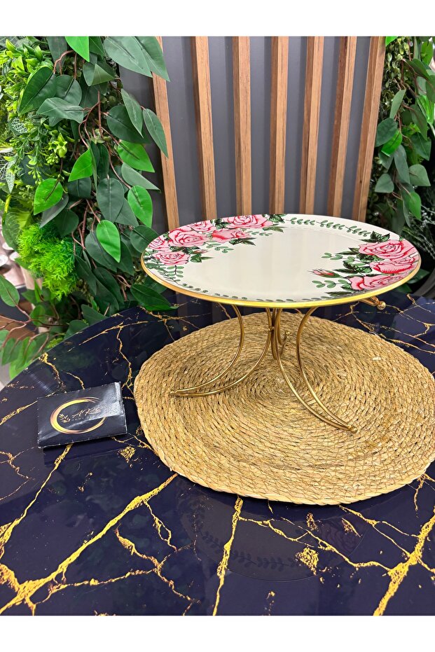 Glass Design Metal Leg Presentation Plate, Moon-Shaped Metal Leg and Decorative Glass Rose Pattern on Top