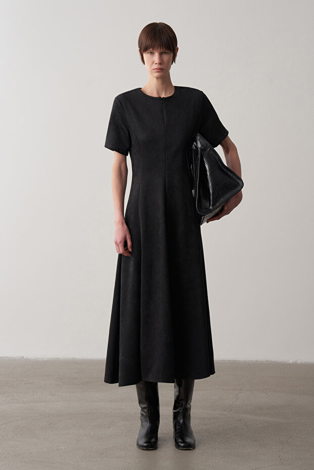 Siyah Maxi Süet Elbise - 5