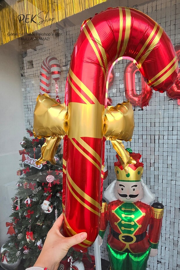 Red Gold Cane Candy Foil Balloon with Bow