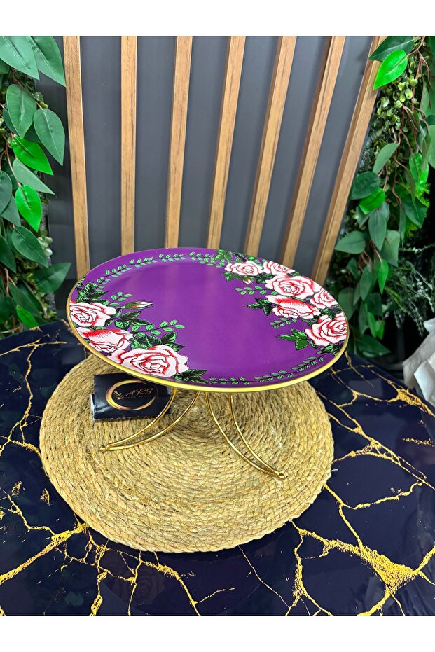 Glass Design Metal Leg Presentation Plate, Moon-Shaped Metal Leg and Decorative Glass Rose Pattern on Top