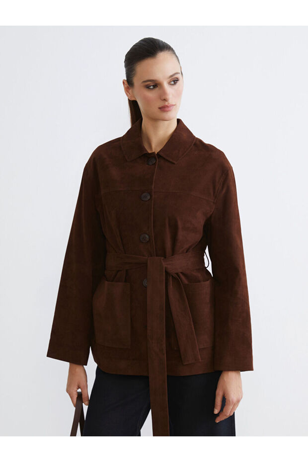 Brown Oversized Women's Suede Look Shirt Jacket