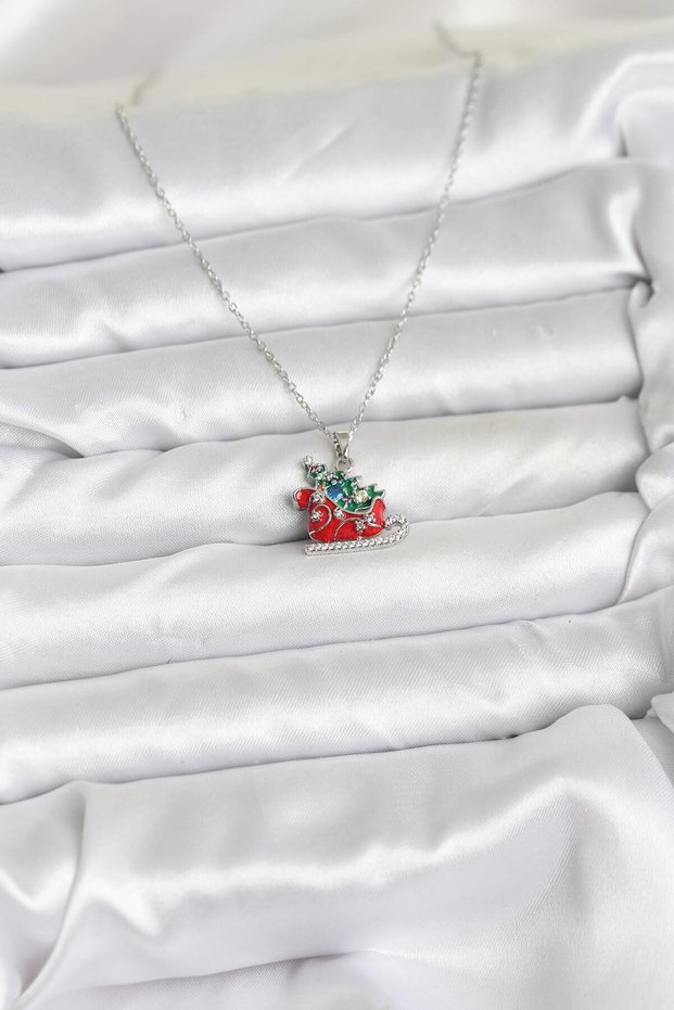 Silver Steel Chain Sled Pine Tree Christmas Theme Women's Necklace for Elegant Necks