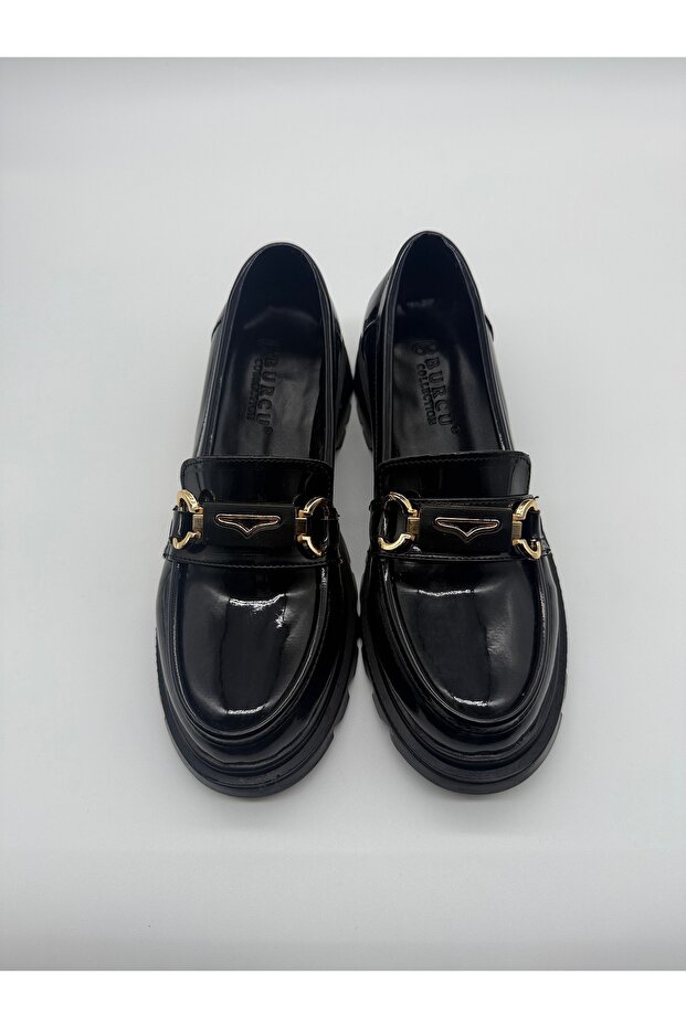 Mabel Black Leather Loafer with Thick Sole and Gold Buckle Detail