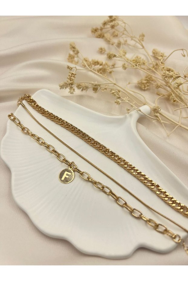 Gold Color Letter Detailed 3-Piece Women's Bracelet Set – Stylish Modern Chain Combination Jewelry