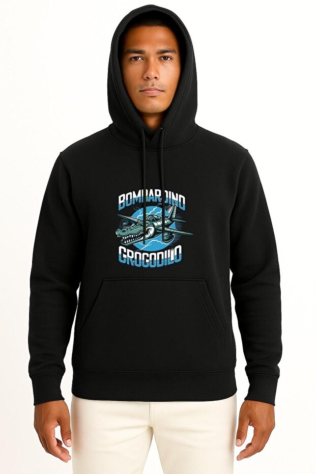 Hooded Bombardino Crocodilo Göğüs Printed Unisex Sweatshirt