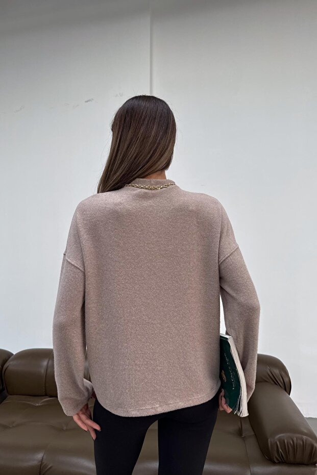Koyu Bej dik yaka basic kazak - 4