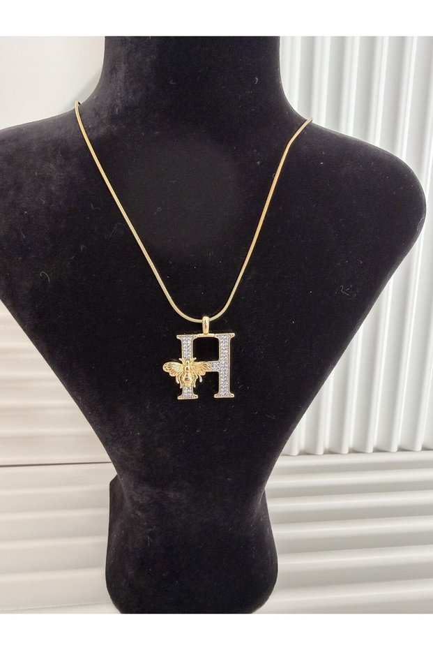 Zircon Stone, Gold Color, Bee Detail, Stylish Design Steel Letter Necklace