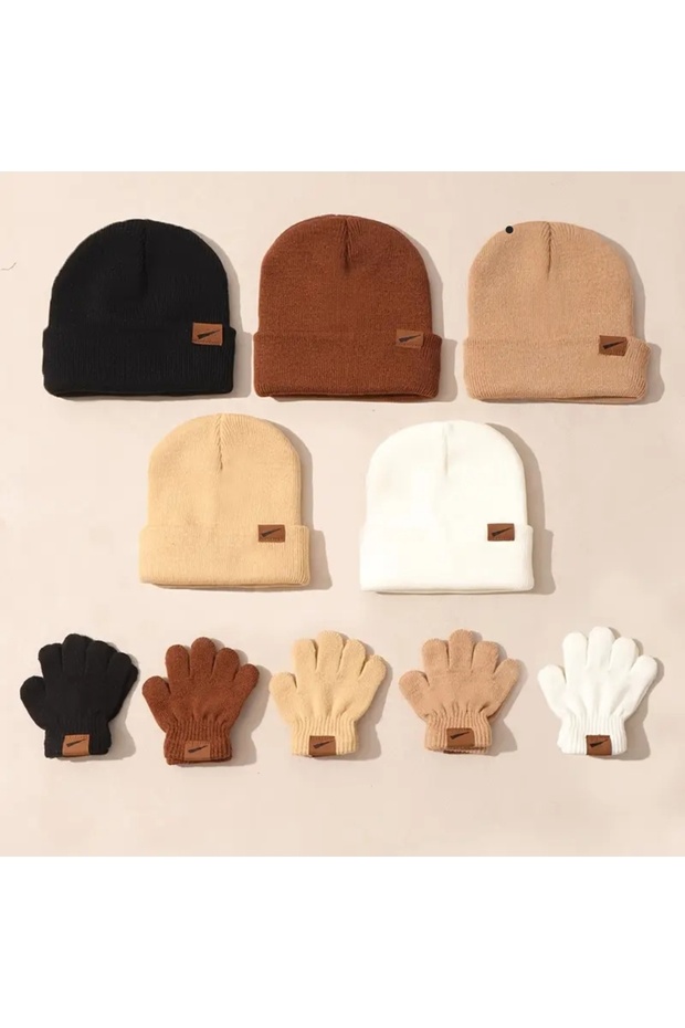 Children's Knitted Beanie and Glove Set (Dark Beige) 0-24 Months