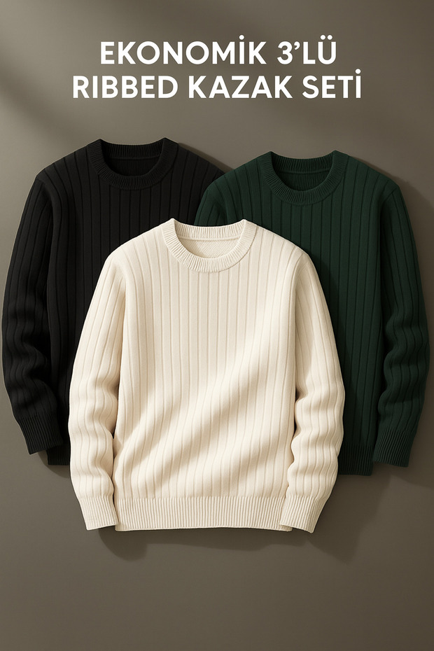 3-Piece Men's Knitwear Sweater Set – Ribbed Texture, Premium Knitted Quality, Economical Price Advantage