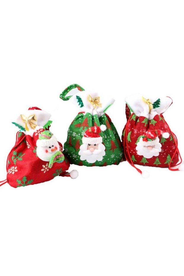 Kid's Colorful Christmas Tree Santa Claus Snowman Pattern Candy Bag - 3 Pieces, Red