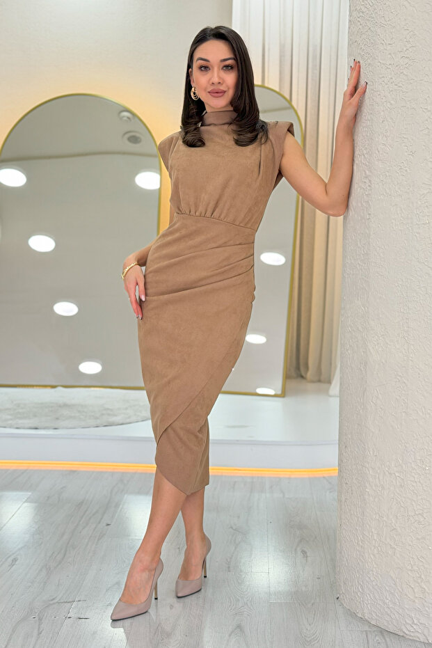 Women's Shoulder Pad Piece Drape Detailed Suede Dress Black, Mink