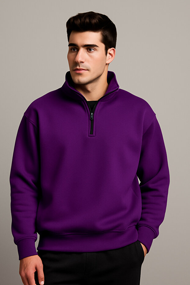 Men's Mock Neck Half Zipper Sweatshirt 3 Thread Thick Relaxed Fit Sweatshirt