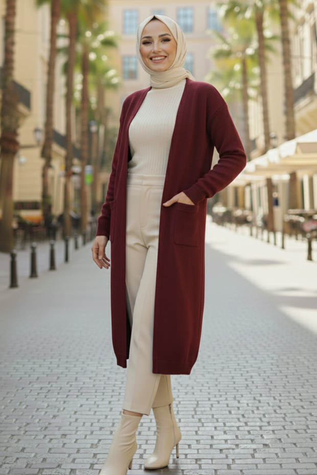 كارديجان طويل من التريكو مع جيوب R7145 لون أحمر داكن