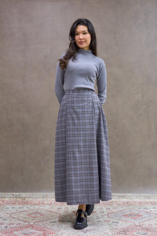 Gray Striped Double Pleated Plaid Skirt