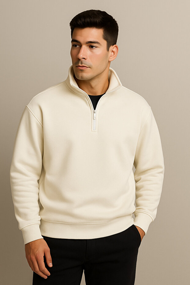 Men's Mock Neck Half Zipper Sweatshirt 3 Thread Thick Relaxed Fit Sweatshirt
