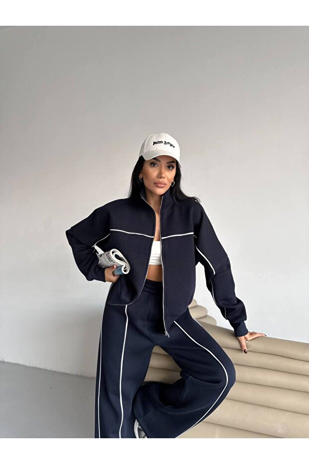 Women's Compak Combed Cotton 3-Thread Inner Ş Fleece-Lined Intermediate B Piped Double Tracksuit Set