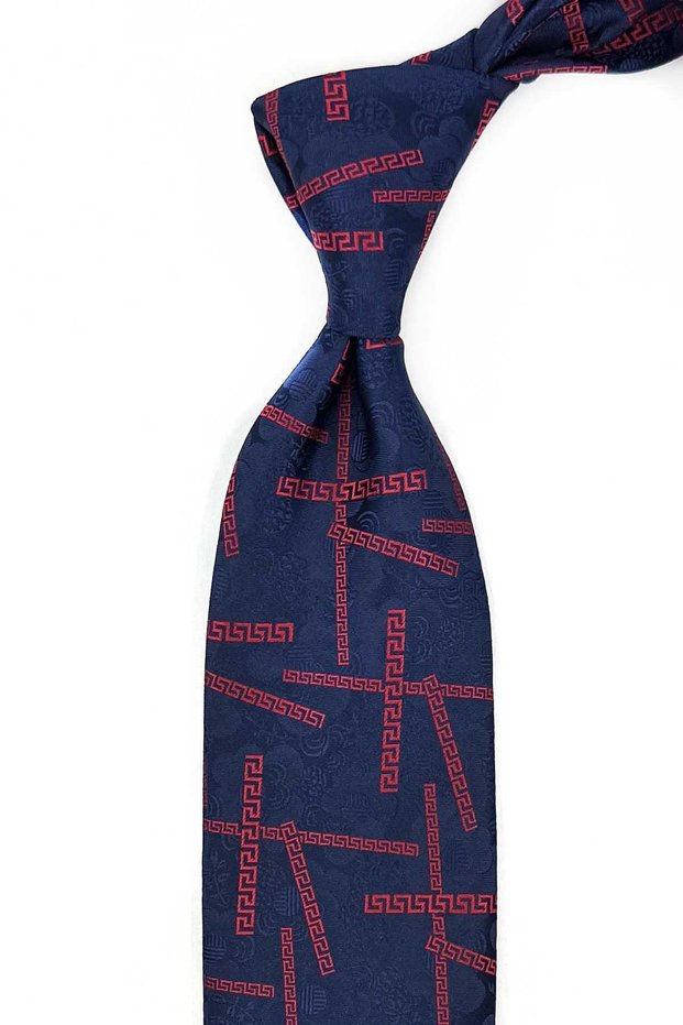 Navy Blue - Red Motif Pattern Classic Tie with Handkerchief Kk13306