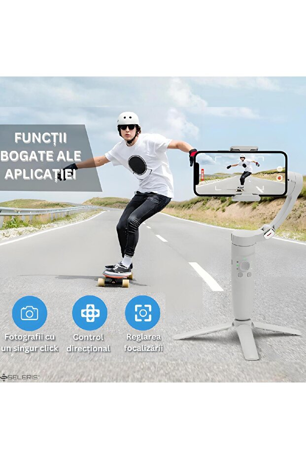 3-axis Stabilizer, Gimbal and Free Strap, SELERIS®, (IOS/Android), USB-C, Foldable, Tripod, Gray - 6