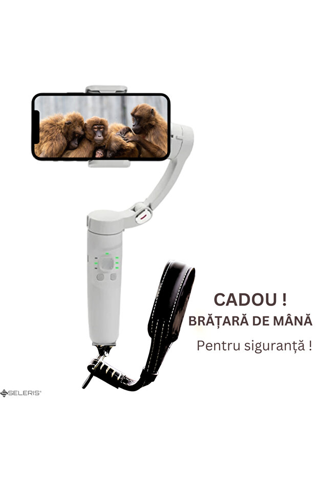 3-axis Stabilizer, Gimbal and Free Strap, SELERIS®, (IOS/Android), USB-C, Foldable, Tripod, Gray - 3