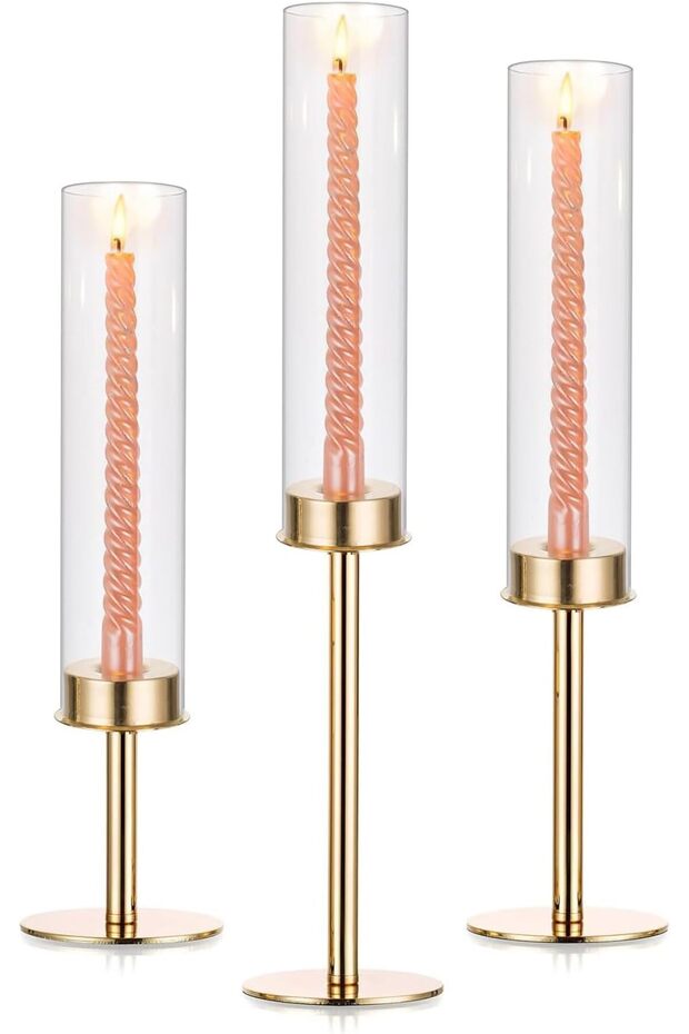 Gold Candlestick Holder Set of 3 – Tall Hurricane Taper Candle Holders