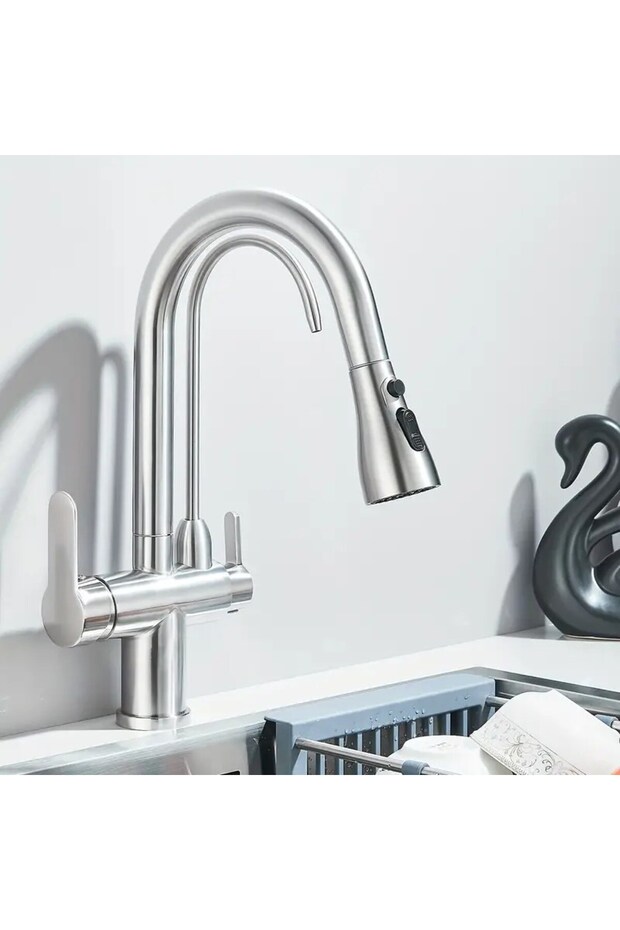 3-way kitchen faucet, pull-out sprayer, brushed silver (code 1016-N)