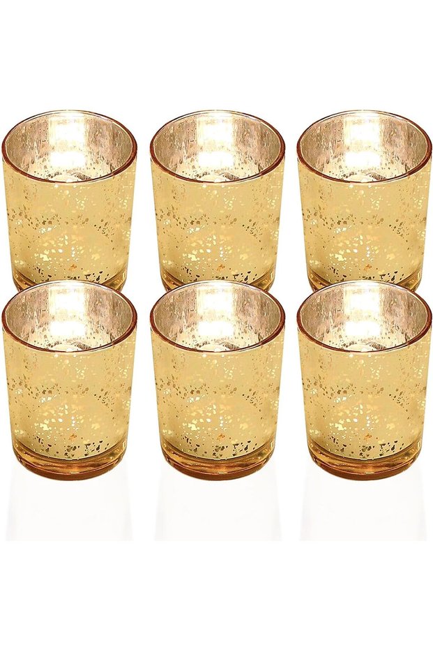 Vecolla Gold Glass Tealight Candle Holder Set of 6 - Speckled Mercury Votive Holders