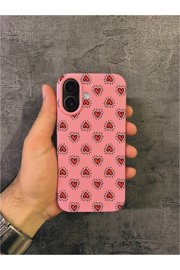حافظة آيفون 16 بلس المتوافقة ذات النمط القلبي الأحمر والوردي - 1
