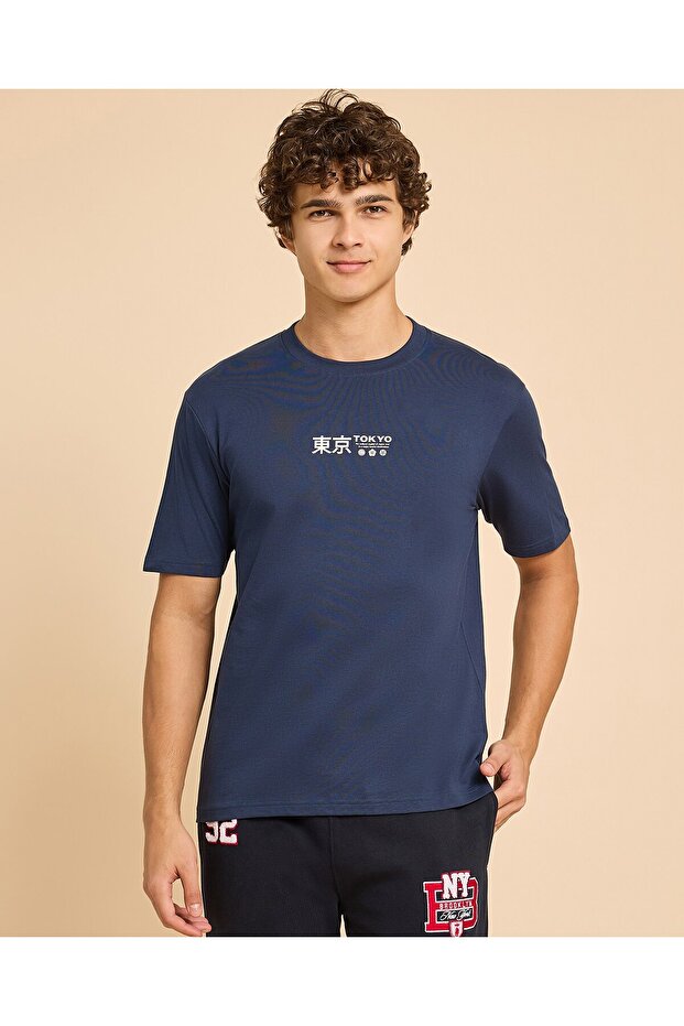 Typography Print T-Shirt With Crew Neck And Short Sleeves