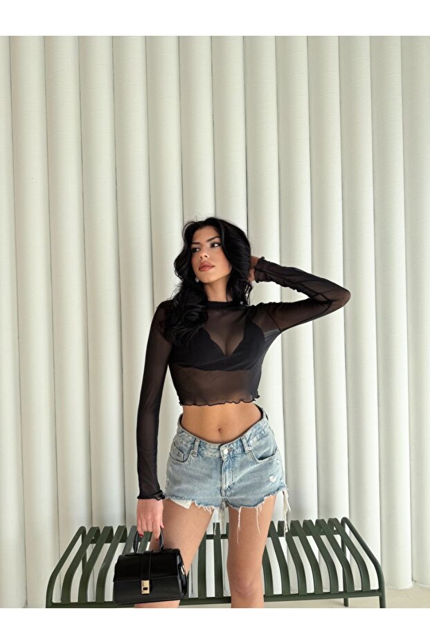 Kadın Siyah Tül Bluz - 3