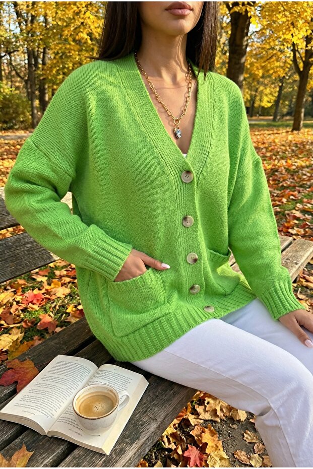 Green Double Pocket Buttoned Off Shoulder Standard Size Oversized Knitwear Cardigan
