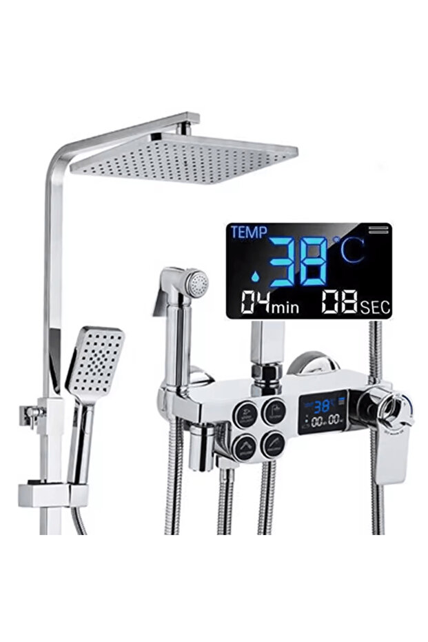 Smart Shower Column with Thermostat, 4 Functions, LCD Display, Silver Chrome - 1