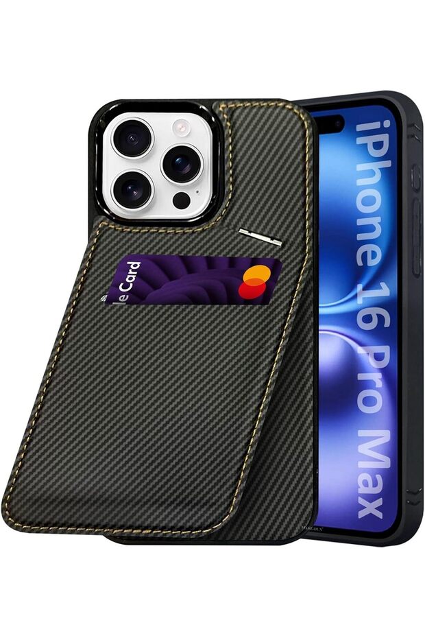iPhone 16 Pro Max Leather Case with Card Holder & Kickstand (Black)