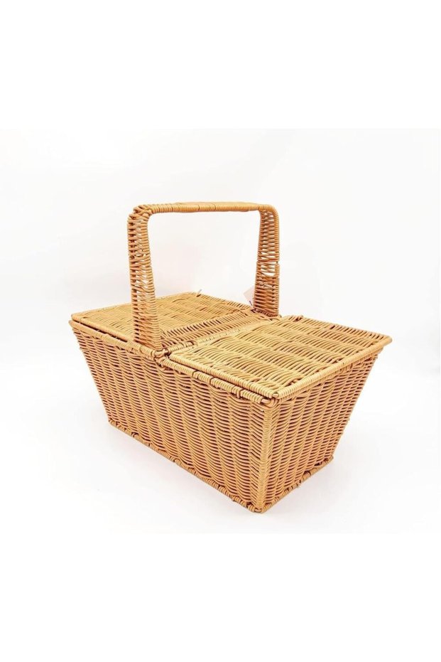 OneDcor Handmade Wicker Picnic Basket with Double Lid - Rustic Rattan Storage Hamper (Square)